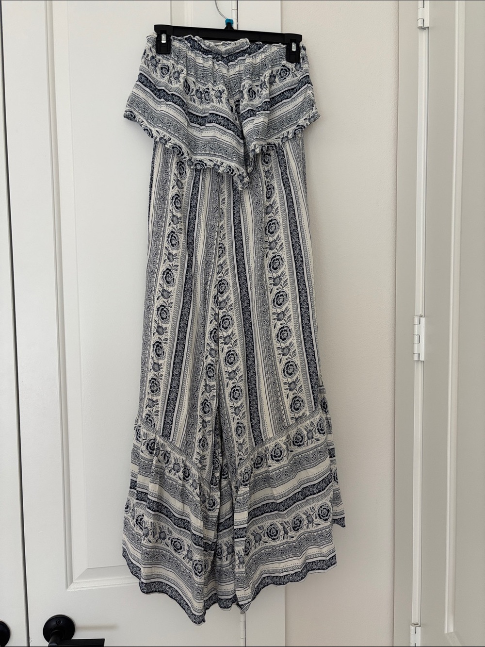 American Eagle Outfitters Blue & White Smocked Strapless Jumpsuit